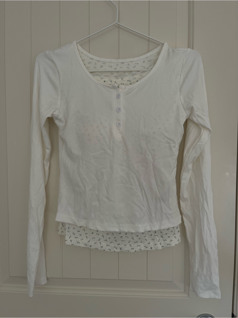 White henley long sleeve layered with floral lace tank top